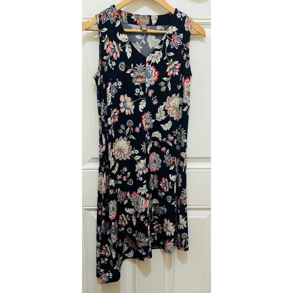 Chicos Navy Blue Floral Sleeveless V-Neck Handkerchief Hem Dress Size 0 Small